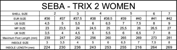 Seba Trix2 Women Size Chart