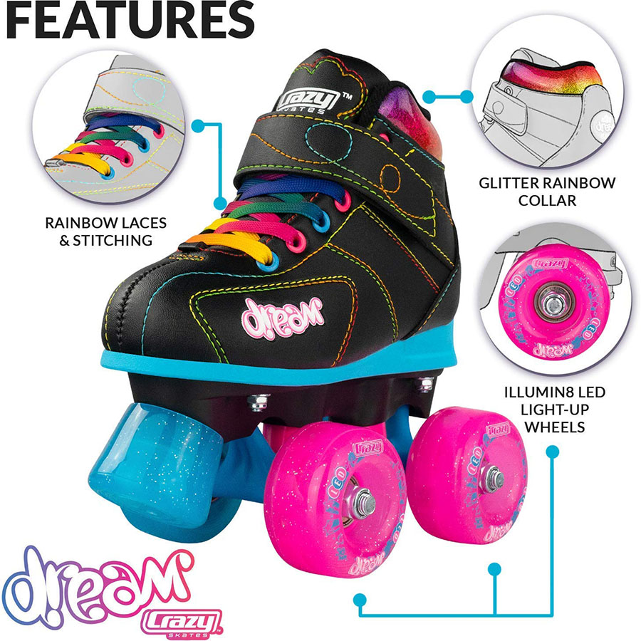 LED Light-up Wheels Crazy Skates Dream Roller Skates for Girls and Boys Available in Pink or Black
