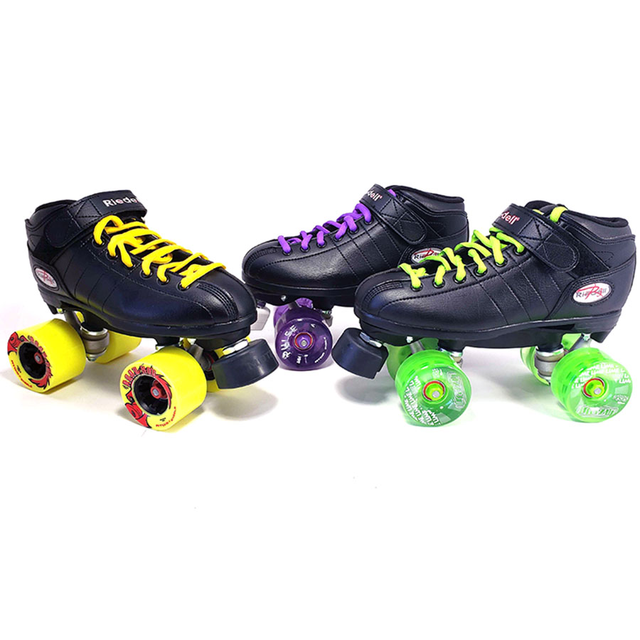 Riedell RW Volt Black & White Roller Derby Quad Speed Skates with Rainbow Laces 