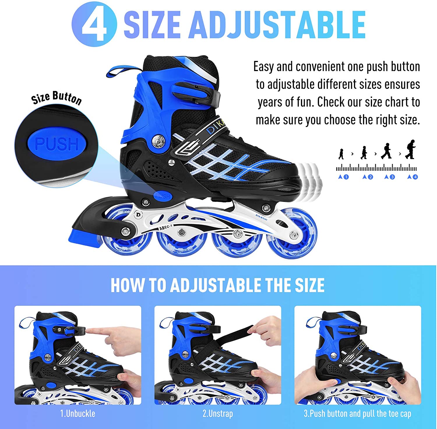 Details about   Inline Skates with 8 Lights Up LED Wheels Outdoor 3 Size Adjustable Roller m 45 